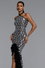 Lade Bild in die Galerieansicht, Raola Glamorous Contour Halter Rhinestone Sequin Feather Maxi Dress