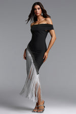Load image into Gallery viewer, Tata Chic Contour Off Shoulder Fringe Bandage Maxi Dress