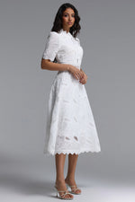 Load image into Gallery viewer, Stretchy Resort Cinched Short Sleeve Embroidered Floral Lace Woven Midi Dress