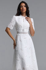 Load image into Gallery viewer, Stretchy Resort Cinched Short Sleeve Embroidered Floral Lace Woven Midi Dress