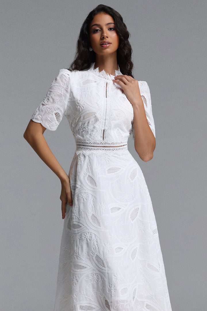 Stretchy Resort Cinched Short Sleeve Embroidered Floral Lace Woven Midi Dress