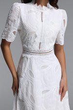 Load image into Gallery viewer, Stretchy Resort Cinched Short Sleeve Embroidered Floral Lace Woven Midi Dress