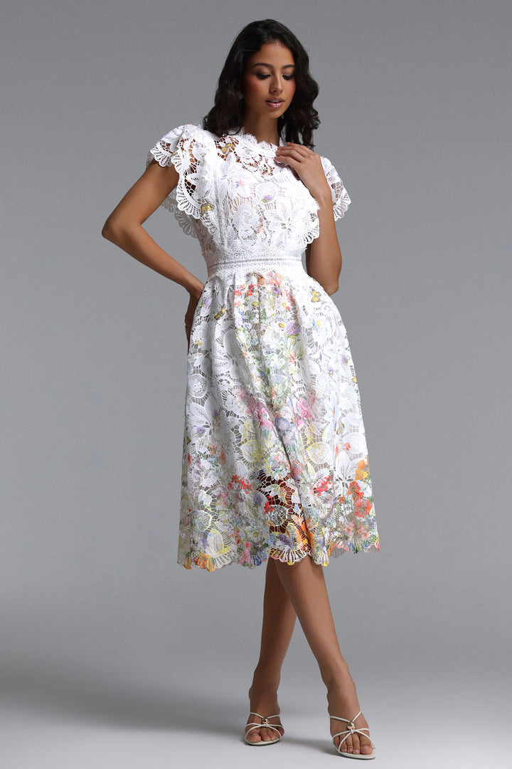 Leanna Resort Flowy Short Sleeve Floral Print Lace Midi Dress – VANTOVA