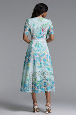 Load image into Gallery viewer, Pillose Resort Cinched Round Neck Short Sleeve Floral Print Lace Green Maxi Dress