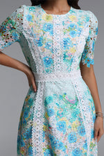 Load image into Gallery viewer, Pillose Resort Cinched Round Neck Short Sleeve Floral Print Lace Green Maxi Dress