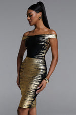 Load image into Gallery viewer, Racy Chic Contour Off Shoulder Metallic Bandage Mini Dress