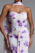 Load image into Gallery viewer, Olivia Romantic Contour Strapless Scarf Ruched Floral Print Mesh Maxi Dress
