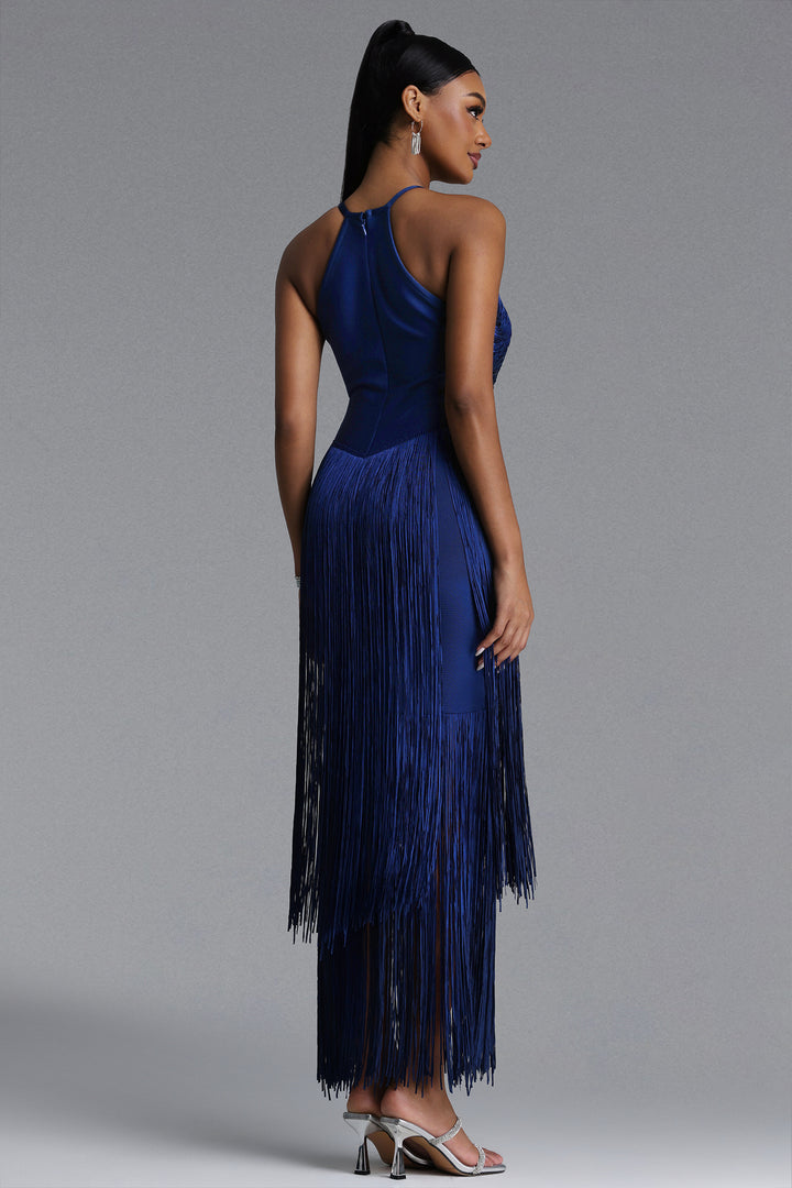Sahara Chic Contour Halter Fringe Bandage Maxi Dress