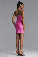 Lade Bild in die Galerieansicht, Manik Glamorous Contour Halter Rhinestone Bandage Pink Mini Dress