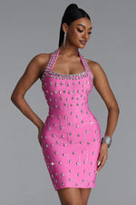 Lade Bild in die Galerieansicht, Manik Glamorous Contour Halter Rhinestone Bandage Pink Mini Dress