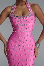 Lade Bild in die Galerieansicht, Manik Glamorous Contour Halter Rhinestone Bandage Pink Mini Dress