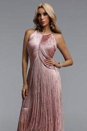 Taye Classic Contour Halter Fringe Bandage Pink Maxi Dress	
