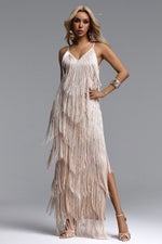 Load image into Gallery viewer, Alex Classic Contour V Neck Layered Fringe Bandage Maxi Dress