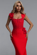 Load image into Gallery viewer, Oria Glamorous Contour Square Neck Pearl Floral Bandage Maxi Dres