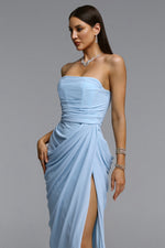 Load image into Gallery viewer, Tazeda Elegant Contour Strapless Ruched Mesh Maxi Dress