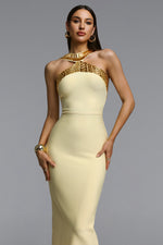 Load image into Gallery viewer, Riza Chic Contour Halter Rhinestone Bandage Yellow Maxi Dress