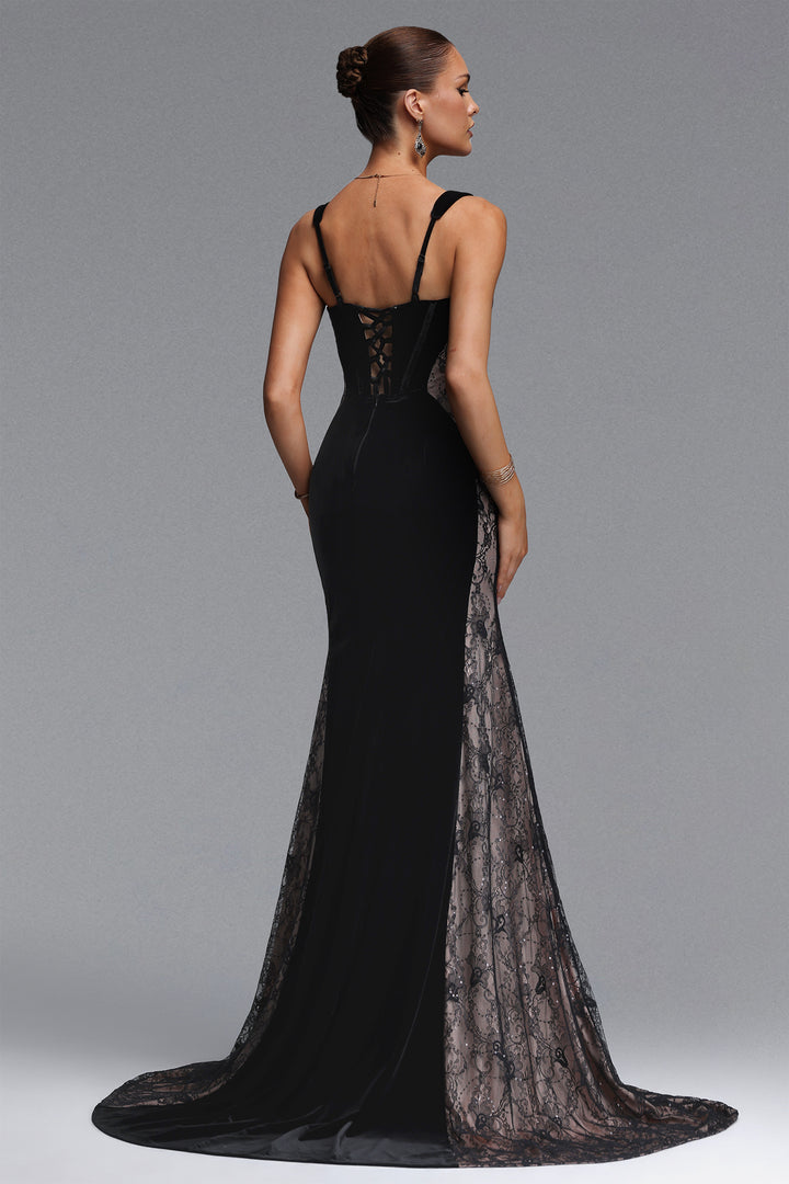 Kavaca Elegant Contour Square Neck Lace Velvet Maxi Dress	