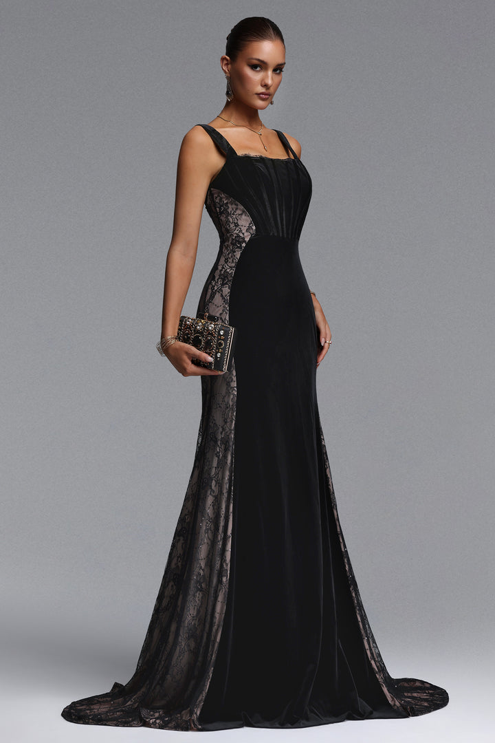 Kavaca Elegant Contour Square Neck Lace Velvet Maxi Dress	