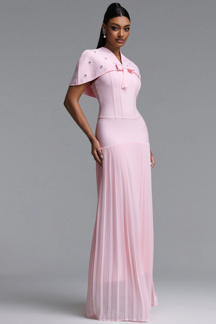 Devere Elegant Sophisticated Cape Style Pleated Bandge Maxi Dress