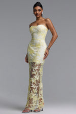 Load image into Gallery viewer, Livana Elegant Youthful Strapless Floral Embroidery Sheer Mermaid Maxi Dress	