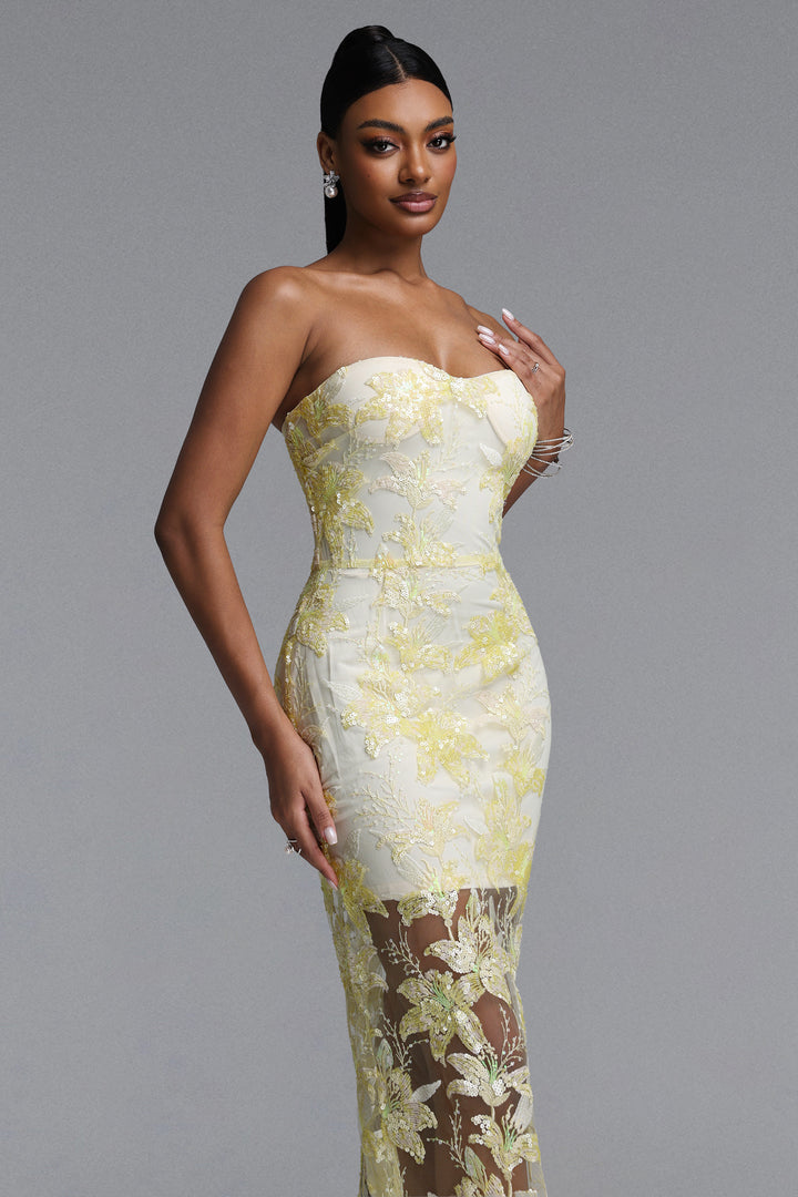 Livana Elegant Youthful Strapless Floral Embroidery Sheer Mermaid Maxi Dress	