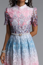 Charger l'image dans la visionneuse de la Galerie, Weiss Resort Cinched Short Sleeve Floral Print Lace Midi Dress