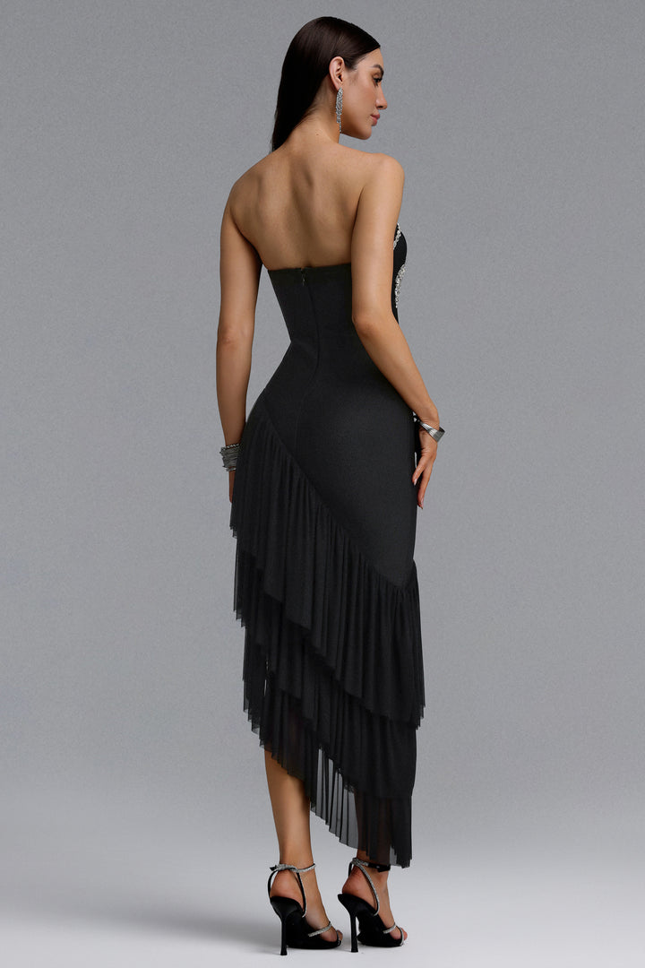 Ella Dynamic Contour Strapless Floral Leaf Rhinestone Asymmetric Mesh Bandage Midi Dress	