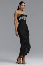 Load image into Gallery viewer, Ella Dynamic Contour Strapless Floral Leaf Rhinestone Asymmetric Mesh Bandage Midi Dress	