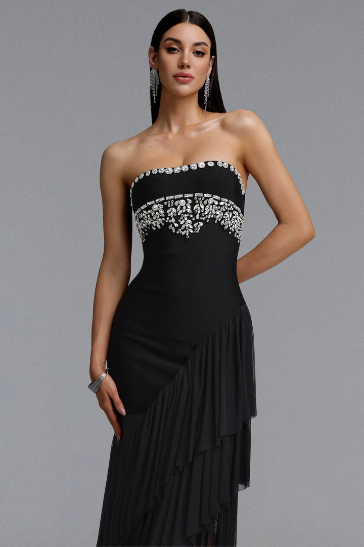 Ella Dynamic Contour Strapless Floral Leaf Rhinestone Asymmetric Mesh Bandage Midi Dress	