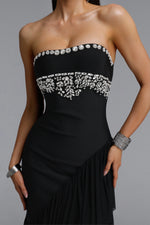 Load image into Gallery viewer, Ella Dynamic Contour Strapless Floral Leaf Rhinestone Asymmetric Mesh Bandage Midi Dress	