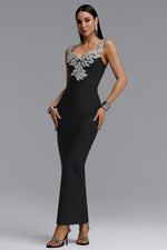 Load image into Gallery viewer, Lila Elegant Contour Spaghetti Strap V Neck Large Leaf Rhinestone Bandage Midi Dress