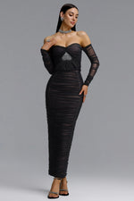 Load image into Gallery viewer, Unica Slim Fit Off Shoulder Long Sleeve Mesh Heart Rhinestone Ruched Bandage Top and Skirt Set	