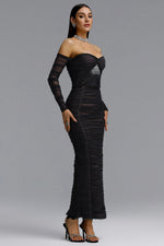 Load image into Gallery viewer, Unica Slim Fit Off Shoulder Long Sleeve Mesh Heart Rhinestone Ruched Bandage Top and Skirt Set	