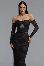Load image into Gallery viewer, Unica Slim Fit Off Shoulder Long Sleeve Mesh Heart Rhinestone Ruched Bandage Top and Skirt Set	