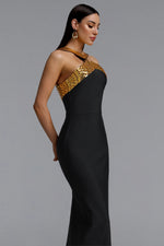 Lade Bild in die Galerieansicht, Riza Chic Contour Halter Rhinestone Bandage Gold Maxi Dress