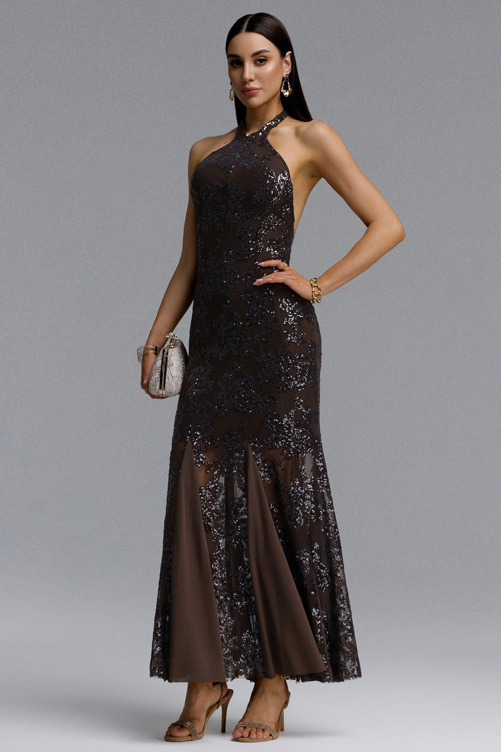 Yuhie Luxurious Contour Halter Open Back Floral Sequin Midi Dress	
