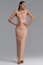Load image into Gallery viewer, Shea Elegant Contour Square Neck Floral Pearl Bandage Beige Maxi Dress	