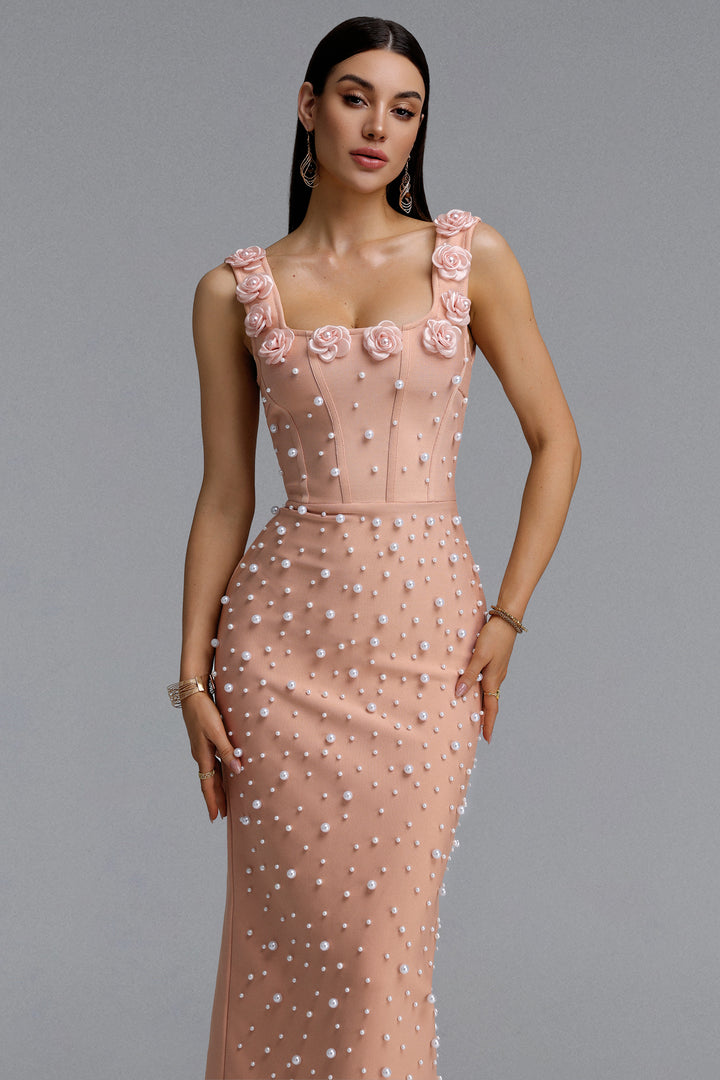 Shea Elegant Contour Square Neck Floral Pearl Bandage Beige Maxi Dress	