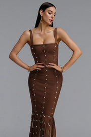 Leah Sleeveless Diamond Tassel Bandage Brown Maxi Dress	
