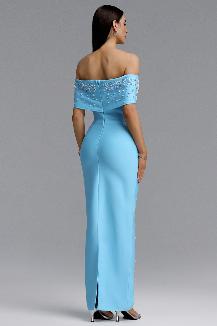 Isme Elegant Contour Off Shoulder Pearl Rhinestone Bandage Blue Maxi Dress	