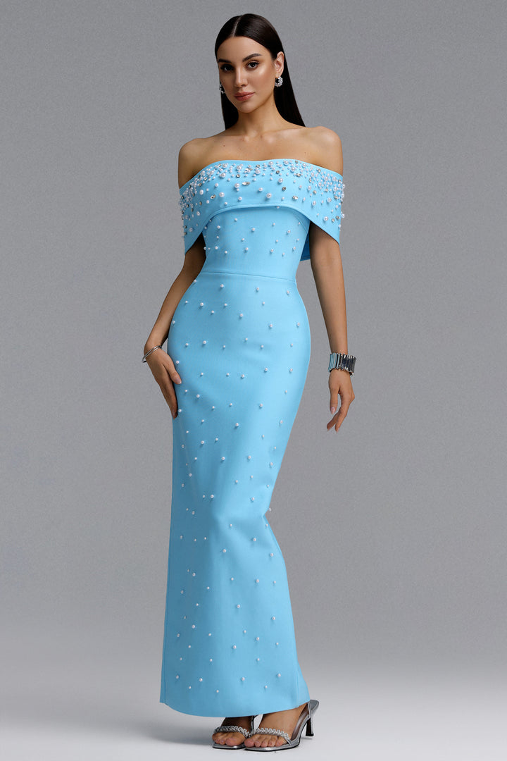 Isme Elegant Contour Off Shoulder Pearl Rhinestone Bandage Blue Maxi Dress	