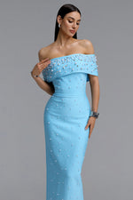 Load image into Gallery viewer, Isme Elegant Contour Off Shoulder Pearl Rhinestone Bandage Blue Maxi Dress	