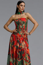Load image into Gallery viewer, Roxany Vintage Contour Halter Strapless Scarf Fluid Oil Paint Maxi Dress	