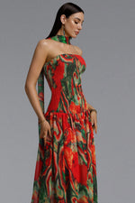 Load image into Gallery viewer, Roxany Vintage Contour Halter Strapless Scarf Fluid Oil Paint Maxi Dress	