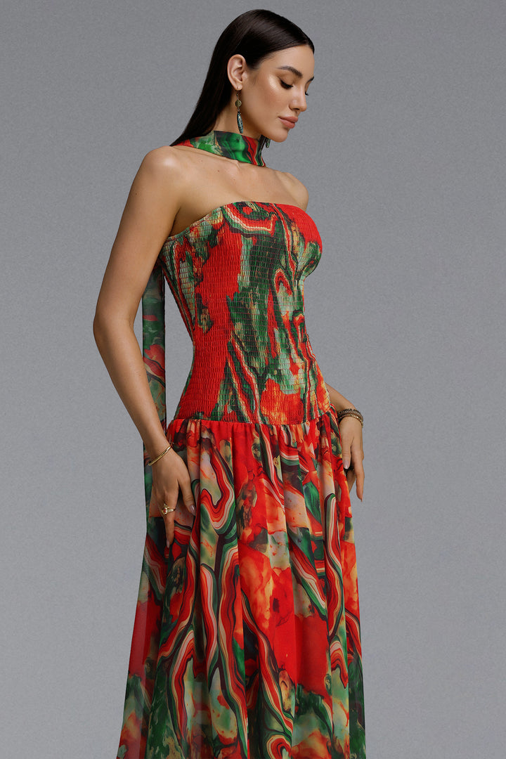 Roxany Vintage Contour Halter Strapless Scarf Fluid Oil Paint Maxi Dress	