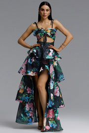 Pale Chic Flowy Halter Cut Out Floral Print Ruffle Green Maxi Dress	