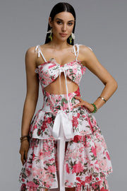 Pale Chic Flowy Halter Cut Out Floral Print Ruffle Pink Maxi Dress	