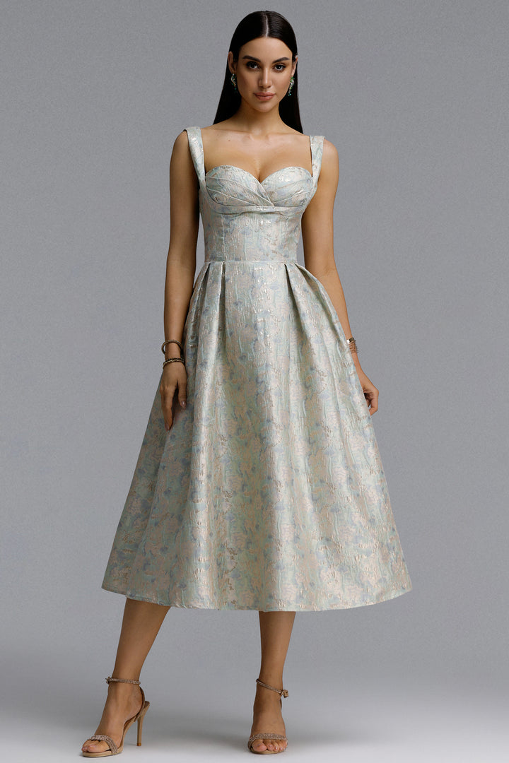 Dotty Elegant Contour Spaghetti Strap Sweetheart Jacquard Midi Dress	