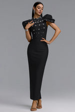Load image into Gallery viewer, Vazada Elegant Contour High Neck Bow Puff Sleeve Bandage Black Maxi Dress	