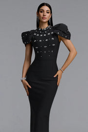 Vazada Elegant Contour High Neck Bow Puff Sleeve Bandage Black Maxi Dress	